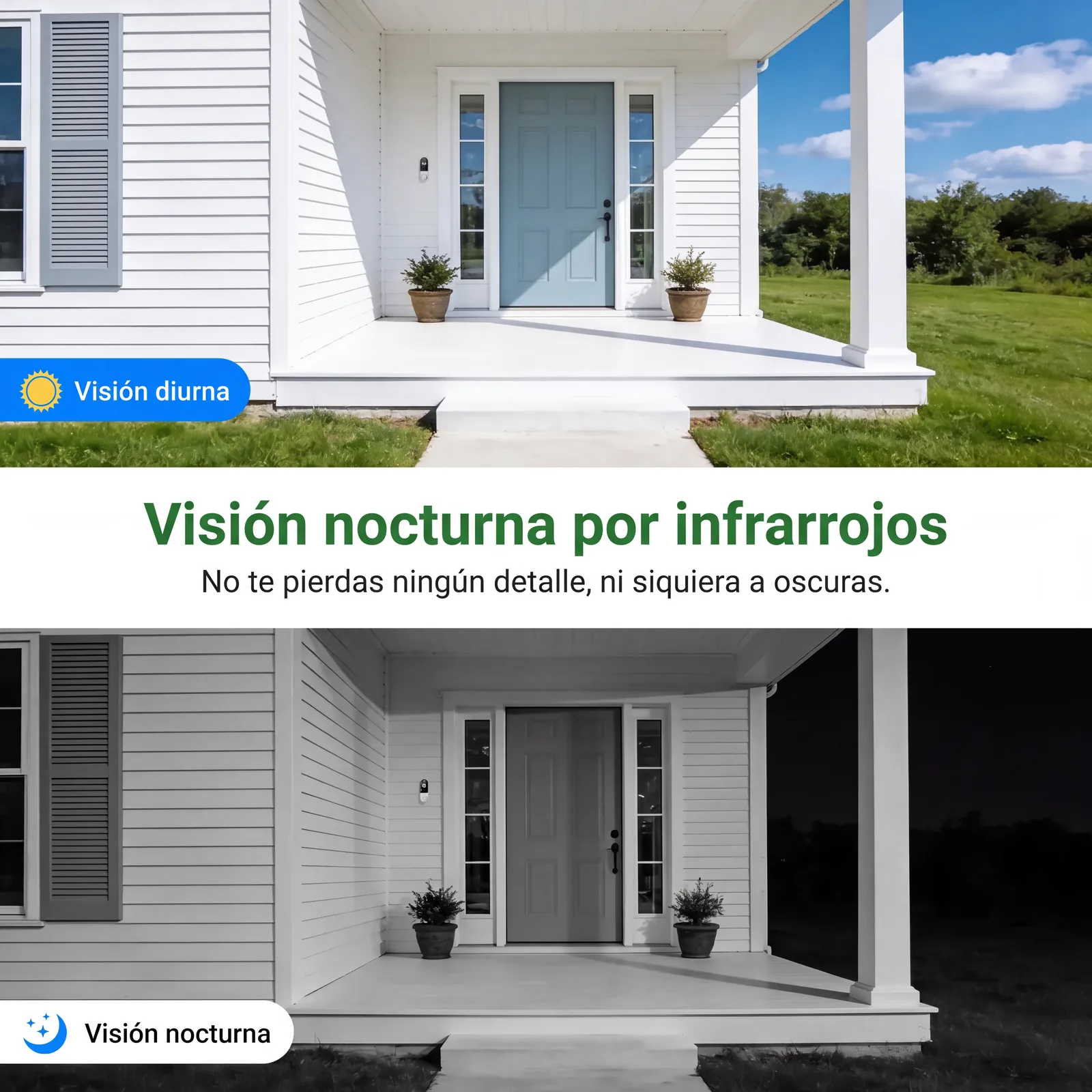La misma entrada vista de día en color y de noche con visión infrarroja