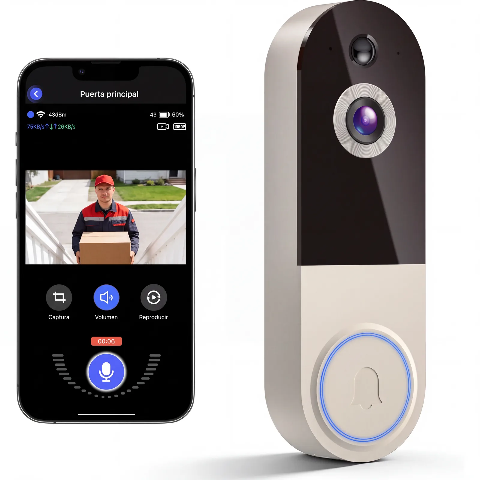 Timbre con cámara Sereno junto al móvil con la app mostrando la puerta